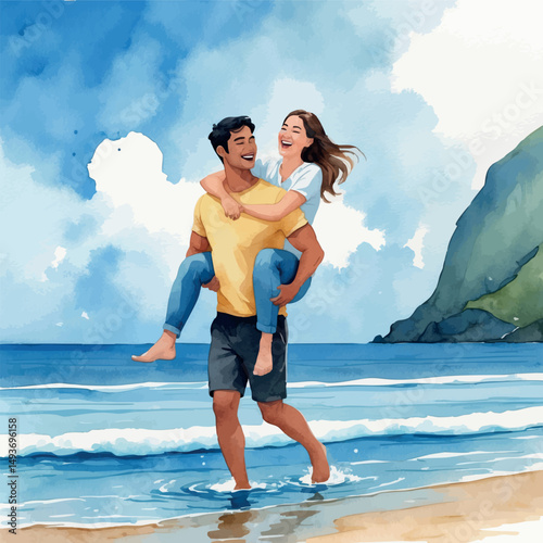 Beach fun vector. Interracial couple enjoying playful summer love.