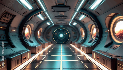 Retro spaceship corridor. Vector interior design of rounded futuristic hallway with soft lights and retro vibes.