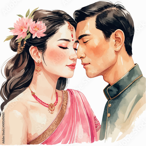 Tender kiss vector. Interracial couple in peaceful intimacy.