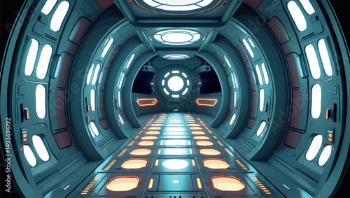 Retro spaceship corridor. Vector interior design of rounded futuristic hallway with soft lights and retro vibes.