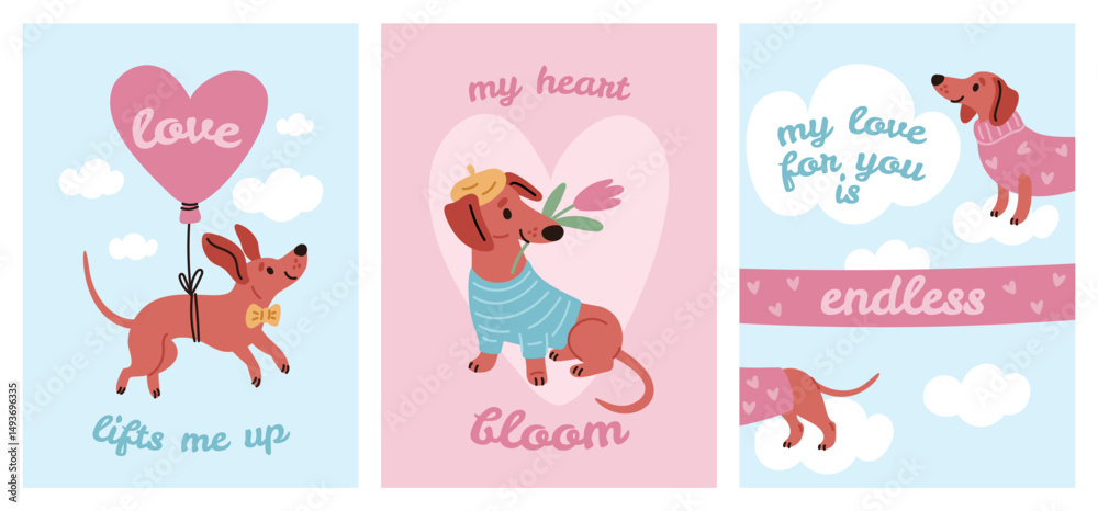 Funny dachshund cards. Cartoon purebred dog characters, love and romantic posters with cute happy pets, valentine greeting banners, playful adorable domestic animal, garish vector set