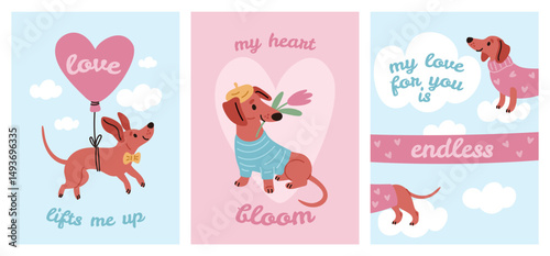 Funny dachshund cards. Cartoon purebred dog characters, love and romantic posters with cute happy pets, valentine greeting banners, playful adorable domestic animal, garish vector set