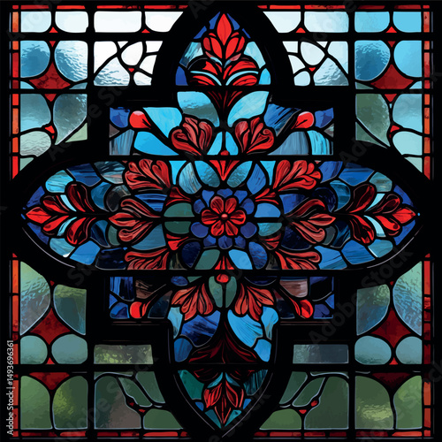Gothic stained glass vector. Dark floral window design with medieval elegance.