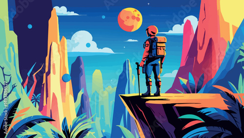 Explorer on alien jungle cliff. Vector scene of adventurer looking over colorful extraterrestrial forest.