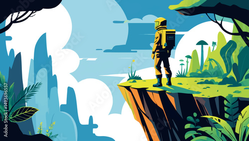 Explorer on alien jungle cliff. Vector scene of adventurer looking over colorful extraterrestrial forest.