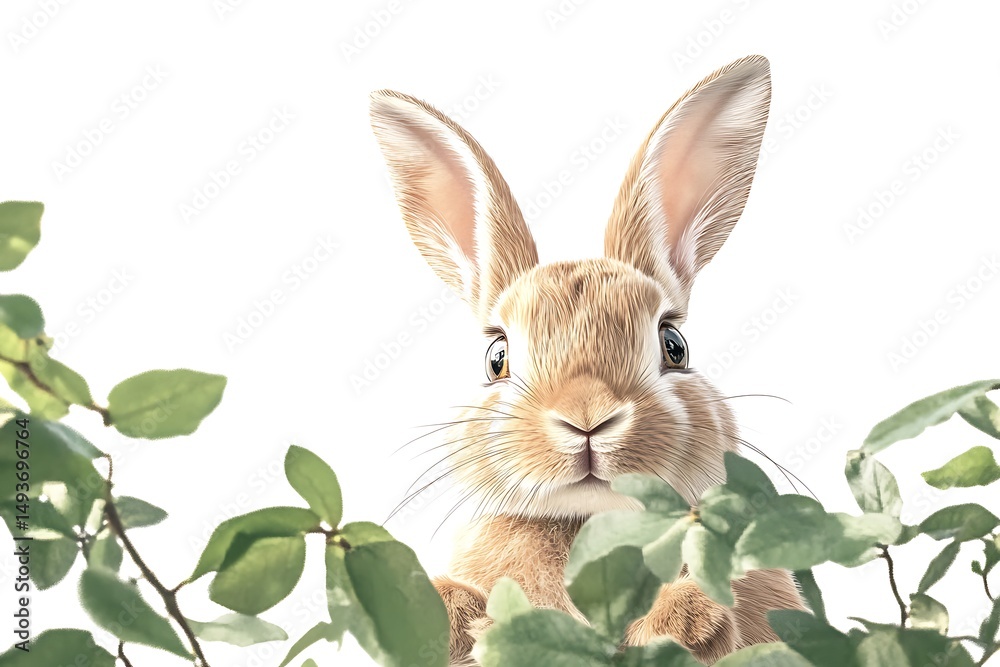 Obraz premium Close up of a light brown rabbit peering through green leaves on a white background image view