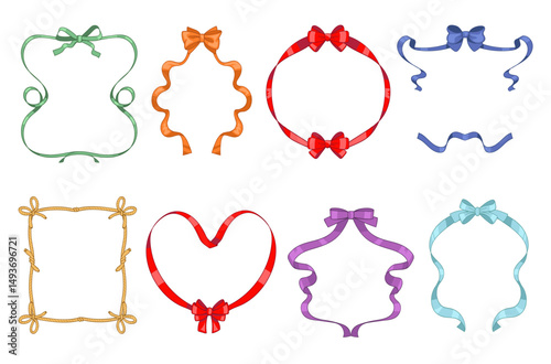 Frames from ribbons with bows. Greeting cards decorative borders, vintage romantic design elements, ropes, color feeds, round and heart form, card decoration isolated splendid vector set