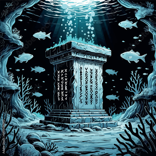 Sunken sea altar with runes. Fantasy marine vector in linocut style with mystical underwater mood.