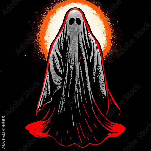 Eerie spectral figure in a crimson halo halloween illustration