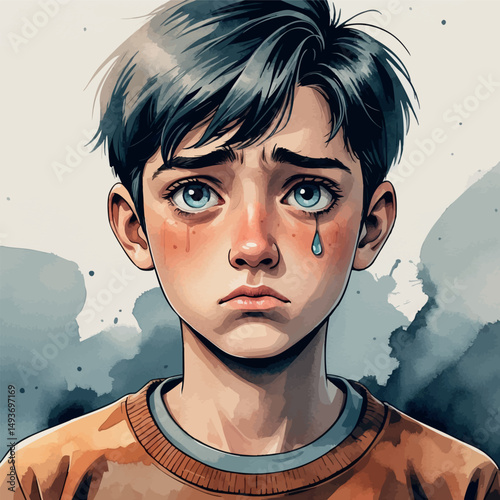Suppressed emotion portrait. Watercolor teen boy with quiet strength.