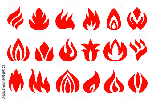 Flame icons. Simple fire silhouette, stylized signs, different styles, shapes and forms, red campfires pictograms, graphic design isolated elements, minimal logotype splendid vector set