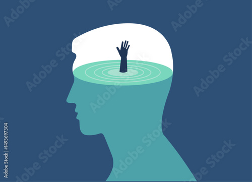 Hand drowning in human face like room filled with water, depression mental health concept illustration