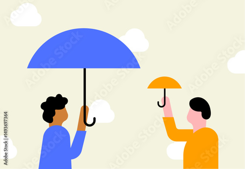 Two people with mismatch umbrella, different choice and wrong decision making illustration
