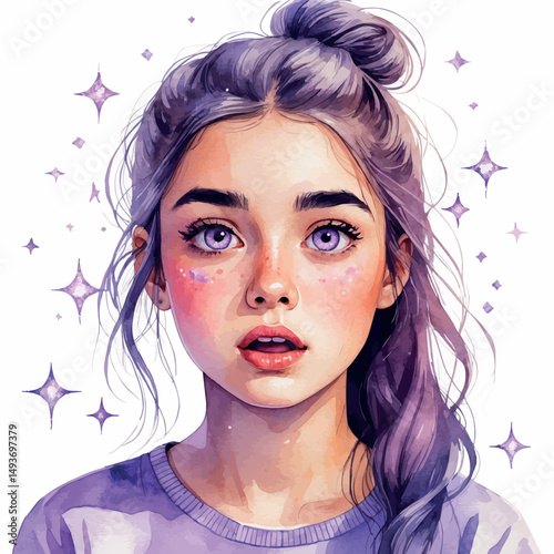 Surprised teen girl. Watercolor reaction with light and emotion.