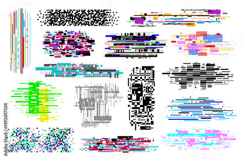 Error screen elements. Noise, glitch effects, decay signal, monitor bugs, computer, television digital interferences, different colors, 80s technology, isolated elements, qualitative vector set