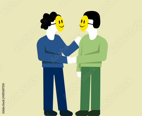 Two people hiding face with happy face mask, dual face illustration