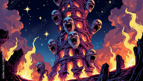 Tower of screaming faces. Vector eldritch fantasy of horror ritual and flesh-made structure.
