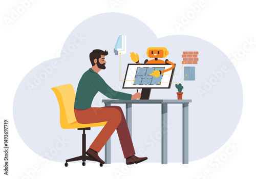 Technology and artificial intelligence concept. AI robot assistant helps man design a house and choose high-quality building materials. Flat vector illustration.