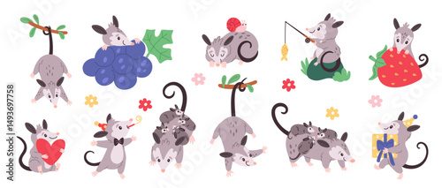 Cute possum. Funny animal characters, cartoon opossum in different poses, pet activities and emotions, wild life mascot, smiling comic tropical mammal, adorable fauna garish vector isolated set