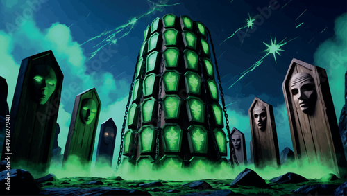 Coffin tower with green mist. Dark fantasy vector illustration of a cursed structure under shattered stars.
