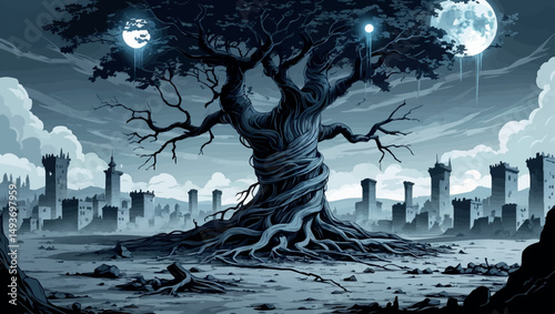 Dying world tree over ruined cities. Apocalyptic fantasy vector of mythic decay and ghostly remnants.