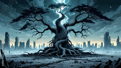 Dying world tree over ruined cities. Apocalyptic fantasy vector of mythic decay and ghostly remnants.
