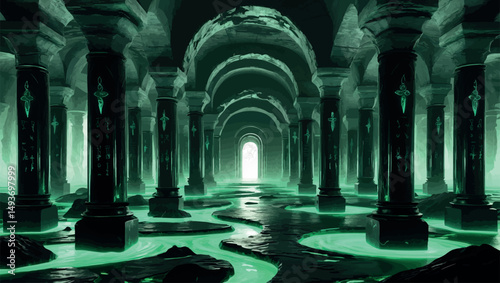 Mausoleum palace with soul glyphs. Necromantic vector design with black ichor rivers and obsidian pillars.