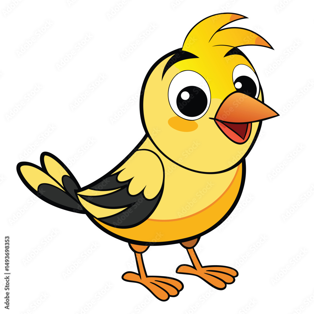 Fototapeta premium Cheerful yellow bird cartoon character smiles, showcasing big eyes and orange beak on the white background