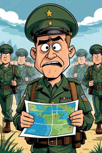 Lost rookie soldier with upside-down map – funny military cartoon vector
