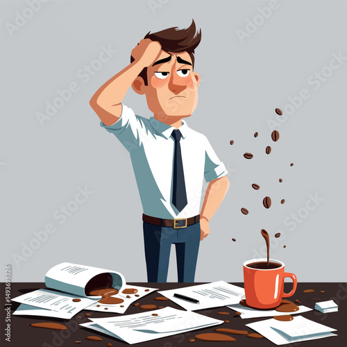 Guilty office worker spilled coffee – funny vector cartoon of workplace accident