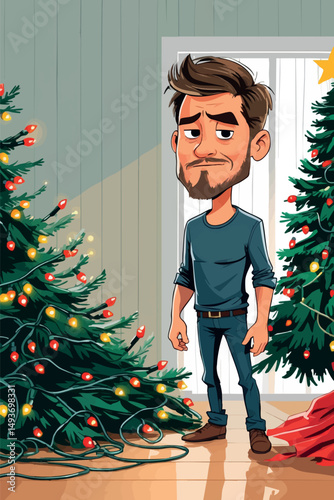 Man ruined Christmas tree – funny holiday scene with guilty cartoon character