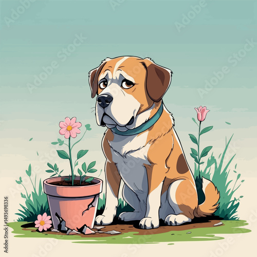 Ashamed dog with broken flower pot – cute guilty cartoon vector illustration