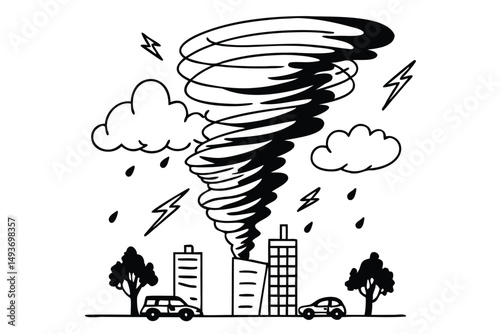 Powerful tornado destroying buildings. Vector illustration for disaster reports, posters, or extreme weather concepts