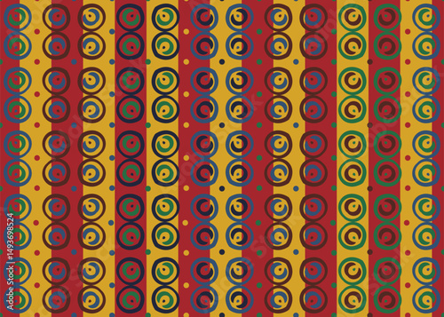 vibrant seamless pattern in African style. Folk or Tribal bright background with vertical stripes reminiscent of 1970s designs for textiles, wrapping paper