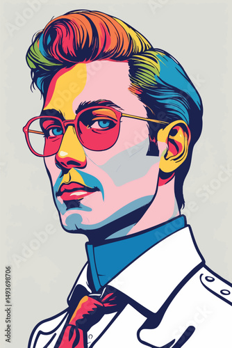 Retro pop art portrait of stylish man in vector format with vivid outlines and colors
