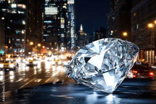 Sparkling diamond on a dark surface, city lights in the background
