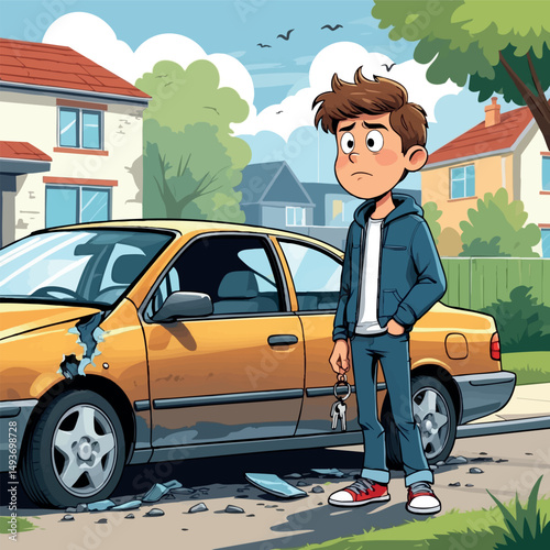 Guilty teen next to dented car – humorous cartoon vector with awkward expression