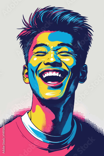 Laughing young Asian man in pop art comic vector portrait with vivid colors and halftone