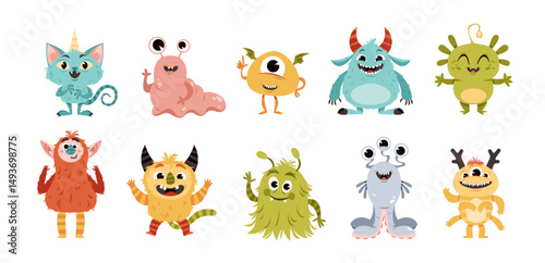 Cartoon funny monsters. Fluffy little creations, color cute demons with fangs and horns, smiling mascots, doodle creepy characters. Alien comic style, childish tidy vector isolated set