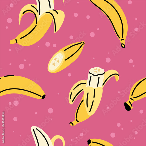Cartoon banana seamless pattern. Cut and whole sweet fruits with yellow peel, repeated organic food elements. Decor textile, wrapping paper, wallpaper. Print for fabric garish vector background