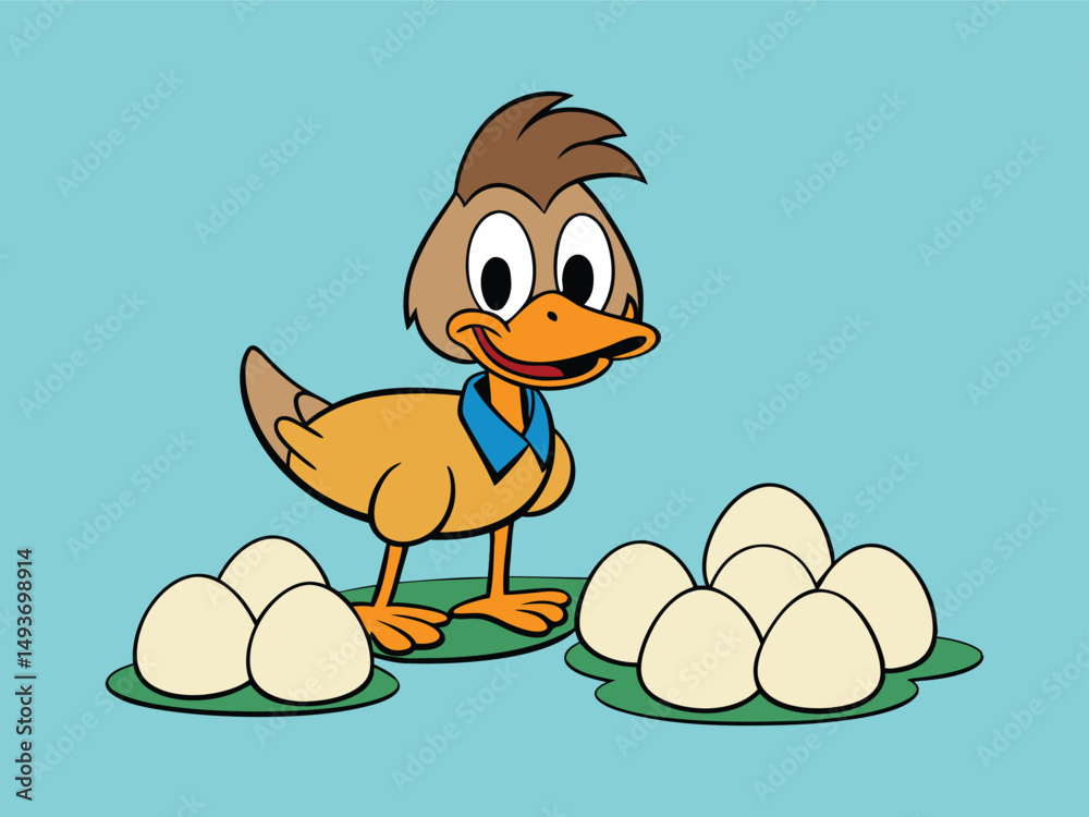 Obraz premium Cartoon Duck Watching Over Nest with Four Eggs, Wildlife Illustration