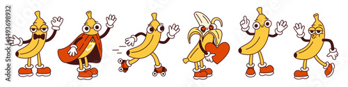 Cartoon banana characters. Groovy retro mascot with funky happy smile faces, hands and feet, different poses and emotions, summer fruits, stickers collection garish vector isolated set