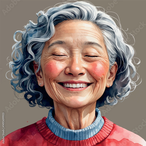 Happy elderly Asian woman. Watercolor portrait with soft joy and expressive charm.