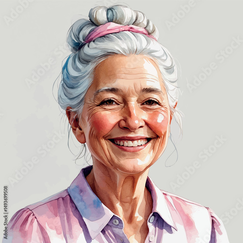 Smiling elderly woman portrait. Watercolor illustration with soft tones and warm expression.