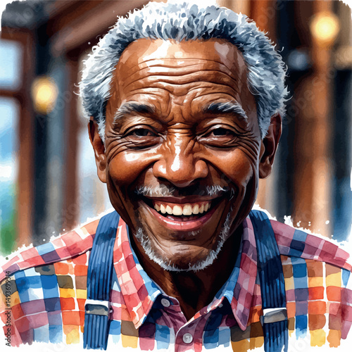 Smiling elderly Black woman vector. Watercolor portrait with headwrap and golden warmth.