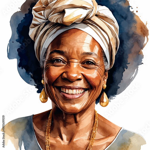 Smiling elderly Black woman vector. Watercolor portrait with headwrap and golden warmth.