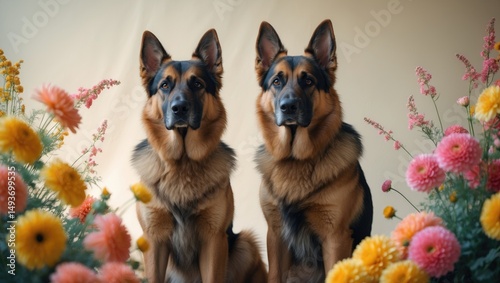 Wallpaper Mural Sitting German Shepherds near blooming flowers Torontodigital.ca