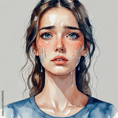 Tearful young woman portrait. Watercolor emotional art with soft sadness.