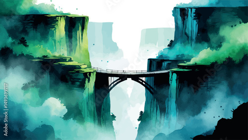 Watercolor Success Bridge - Overcoming Challenges, Achievement Path Illustration
