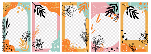 Abstract floral designs. Stories templates, social media apps decorative frames, trendy shapes backgrounds, tropical botanical borders, transparent layer, vertical minimal garish vector set
